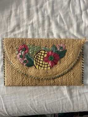 Woven Straw Floral Embroidered Clutch - Natural with Pink & Green Lilly Pulitzer